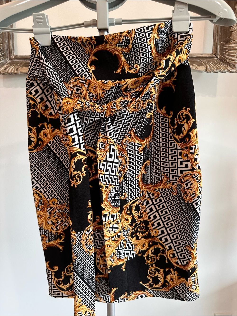 Revamped Black and Gold Baroque-Print Pencil Skirt